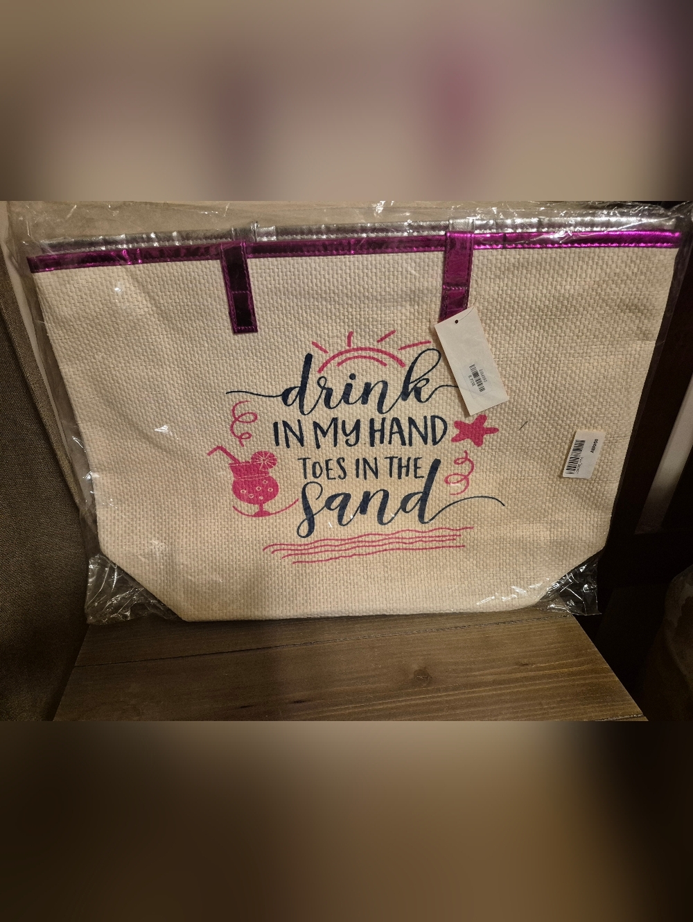 Beach Tote with Pink Metallic Trim "Drink in My Hand"